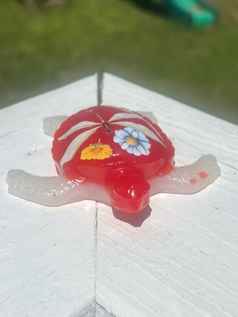 Handmade Red & White Turtle Figurine with Floral Shell